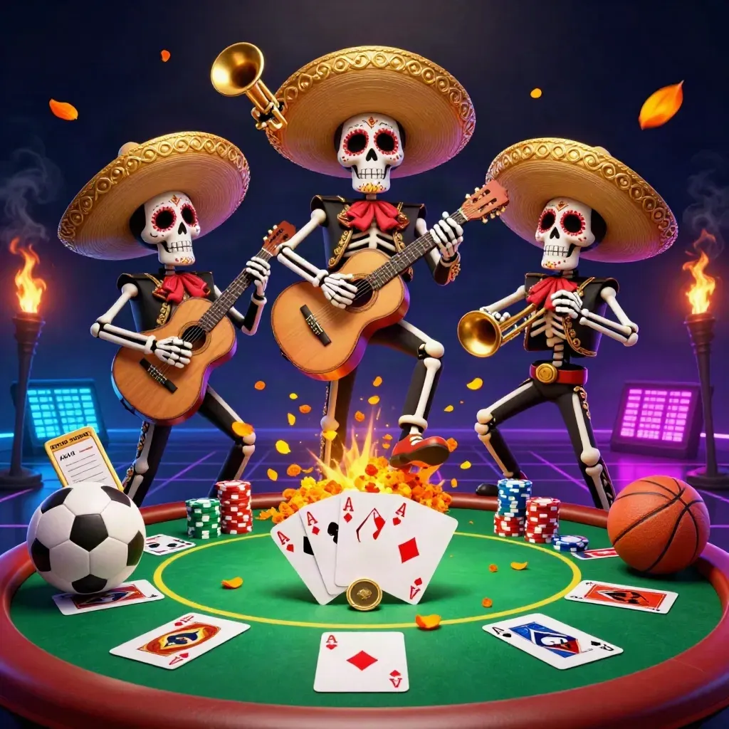Skeleton mariachi trio over a poker table, chips, cards, and neon casino lights.